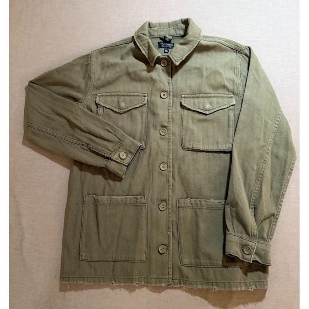 Topshop Jacket Womens 4 Green Canvas Button Up Long Sleeve Pocket Military.